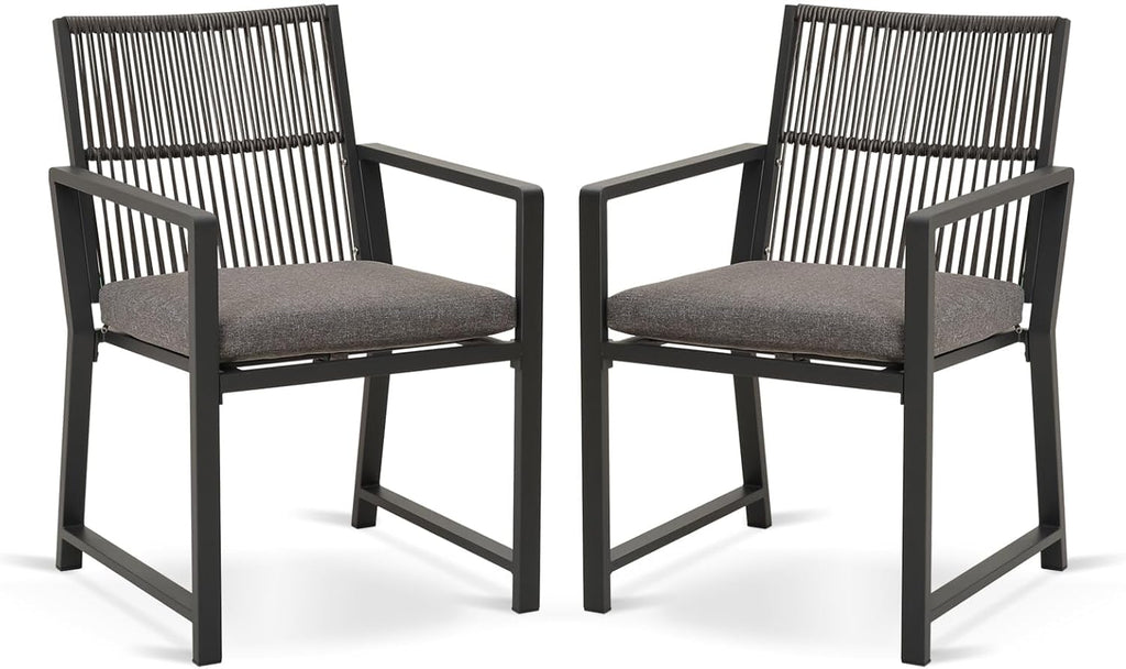 Aluminum Outdoor Patio Dining Chairs - Imitation Rope Vine Chair Ergonomic Backrest Design Detachable Seat Cushion Soft and Breathable Garden Porch, Light Brown Set of 2