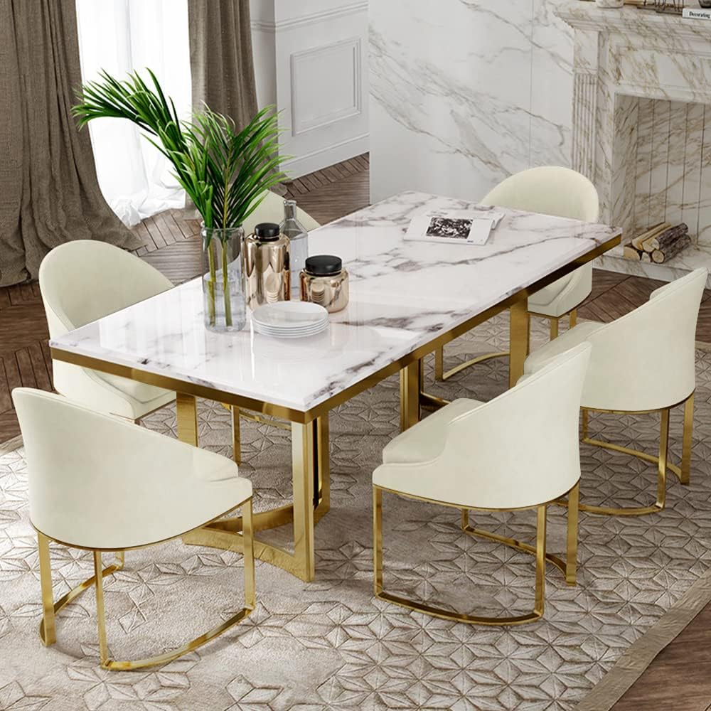 POVISON Marble Dining Table for 6, Modern Dining Room Table 71" for Kitchen & Dining Room, Luxury White Marble Table Top with Gold Trestle Pedestal(Dining Table Only)
