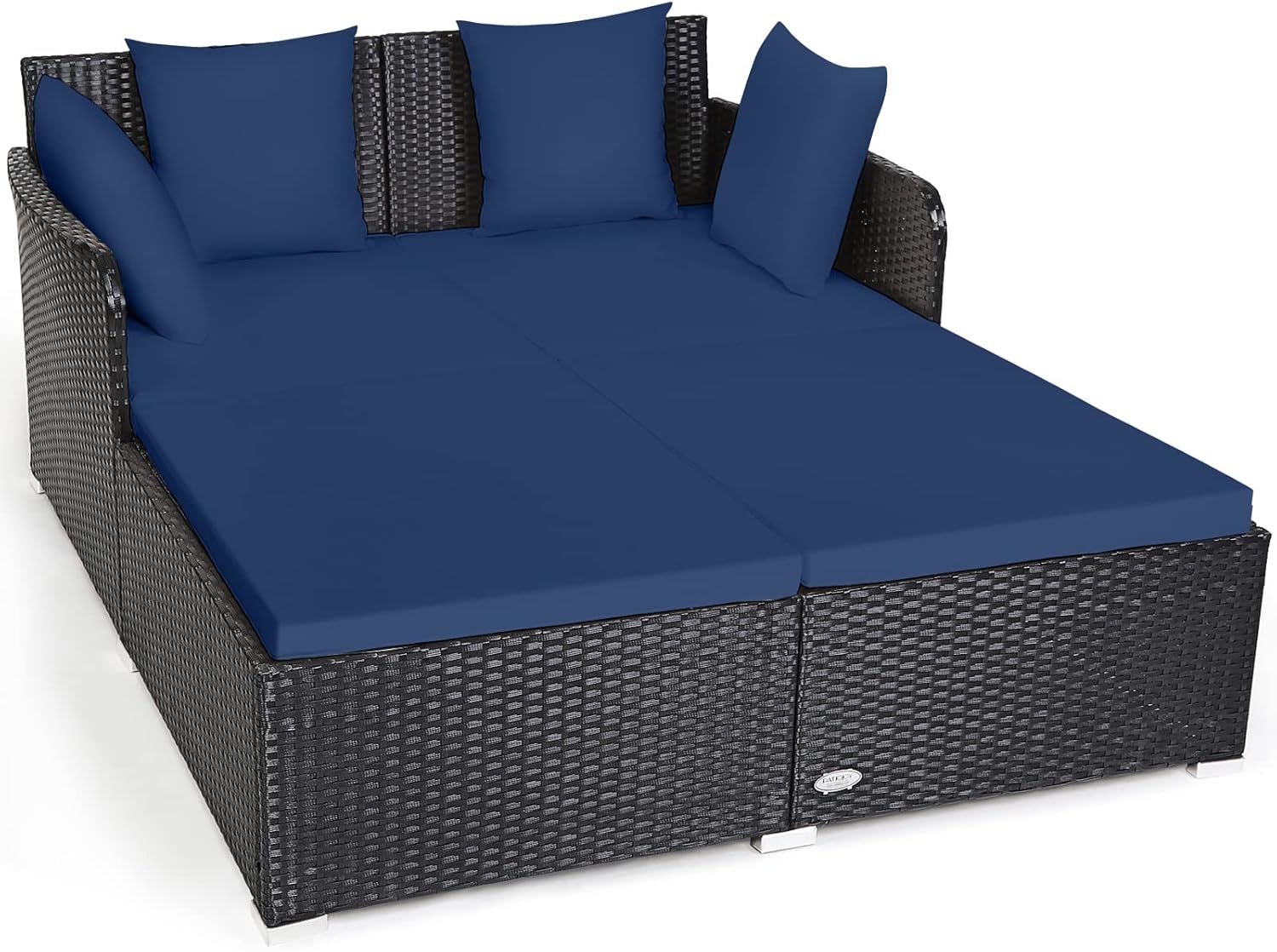 Tangkula Outdoor Rattan Daybed, Wicker Furniture with Spacious Seat, Upholstered Cushion & High-Resilience Sponge, Patio Sofa Set with 4 Pillows, 2-Person Sunbed for Poolside Backyard Garden & Balcony