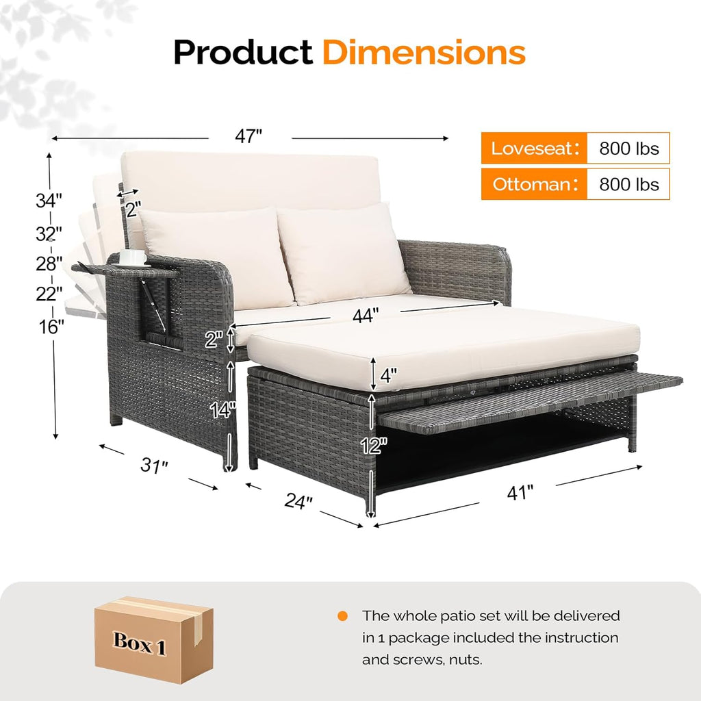 VINGLI Patio Daybed, Wicker Outdoor Daybed with Storage Ottoman & 5-Level Adjustable Backrest, All-Weather Rattan Cushioned Patio Loveseat Sofa for Garden Balcony Backyard (Beige, Gray)