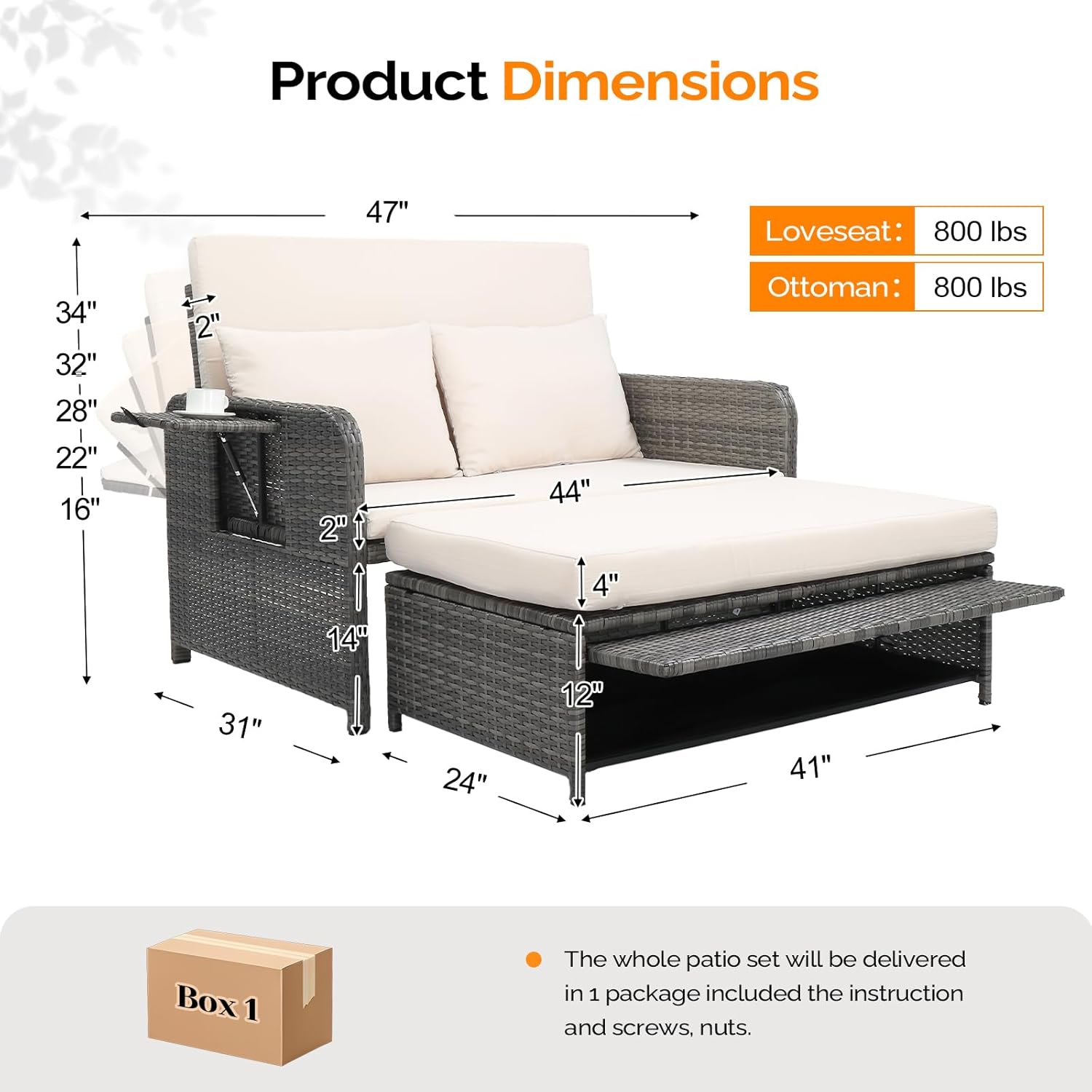 VINGLI Patio Daybed, Wicker Outdoor Daybed with Storage Ottoman & 5-Level Adjustable Backrest, All-Weather Rattan Cushioned Patio Loveseat Sofa for Garden Balcony Backyard (Beige, Gray)