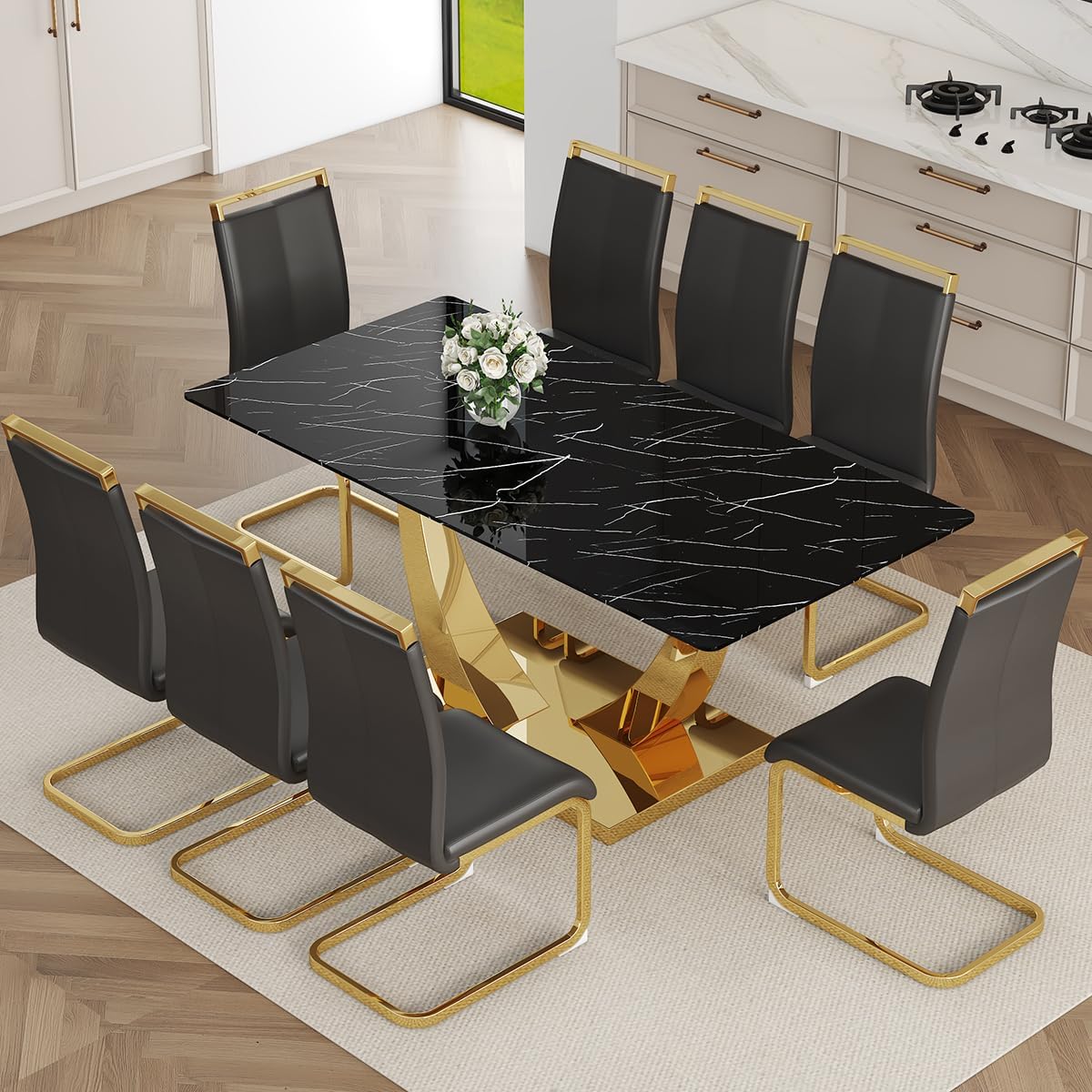 Faux Marble Dining Table Set for 6,71” Modern Dining Room Table Set for 6,Luxury Gold Kitchen Table and 6 White PU Leather Chairs, Rectangular Tempered Glass Table Set with Glossy Marble Top