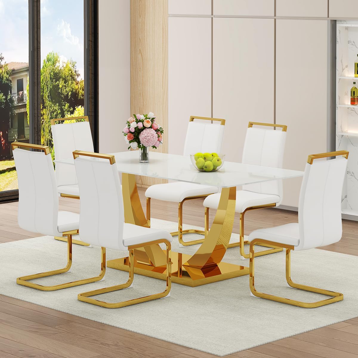 Faux Marble Dining Table Set for 6,71” Modern Dining Room Table Set for 6,Luxury Gold Kitchen Table and 6 White PU Leather Chairs, Rectangular Tempered Glass Table Set with Glossy Marble Top