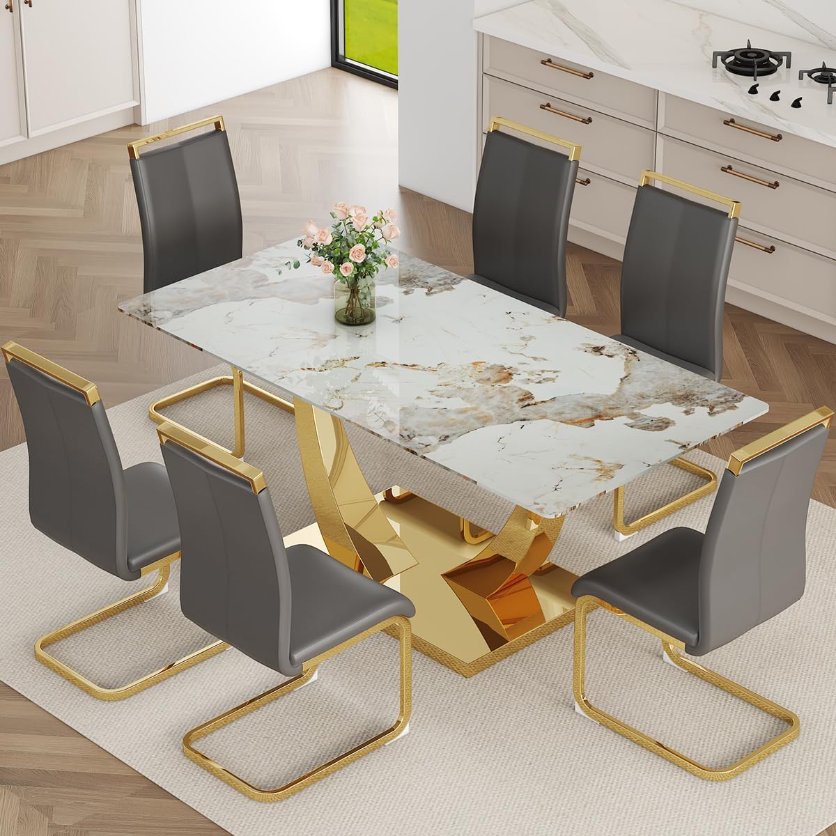 Faux Marble Dining Table Set for 6,71” Modern Dining Room Table Set for 6,Luxury Gold Kitchen Table and 6 White PU Leather Chairs, Rectangular Tempered Glass Table Set with Glossy Marble Top