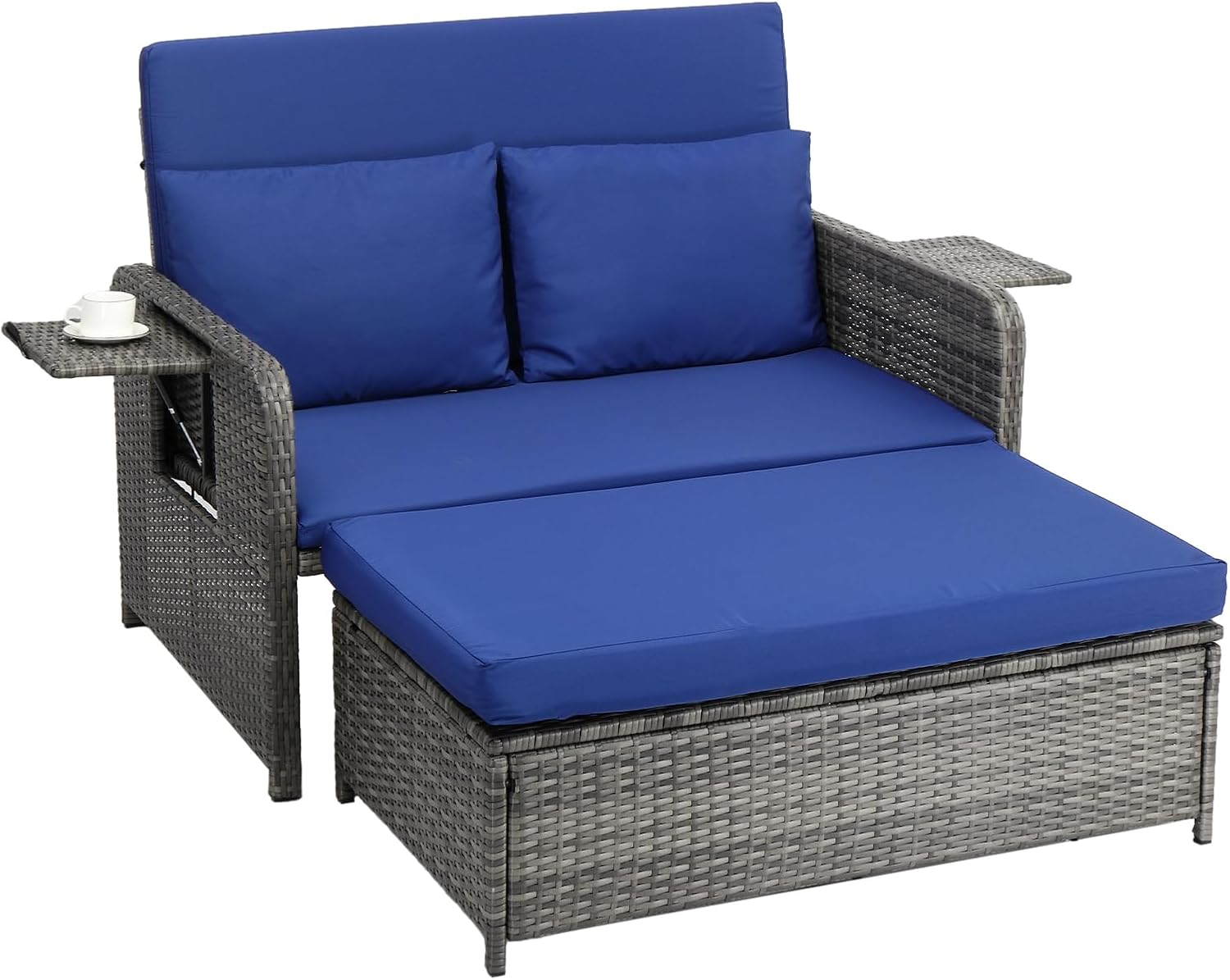 VINGLI Patio Daybed, Wicker Outdoor Daybed with Storage Ottoman & 5-Level Adjustable Backrest, All-Weather Rattan Cushioned Patio Loveseat Sofa for Garden Balcony Backyard (Beige, Gray)