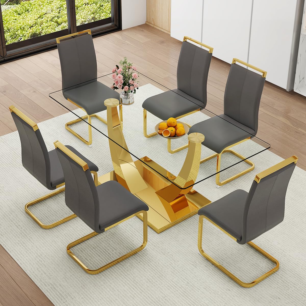 Faux Marble Dining Table Set for 6,71” Modern Dining Room Table Set for 6,Luxury Gold Kitchen Table and 6 White PU Leather Chairs, Rectangular Tempered Glass Table Set with Glossy Marble Top