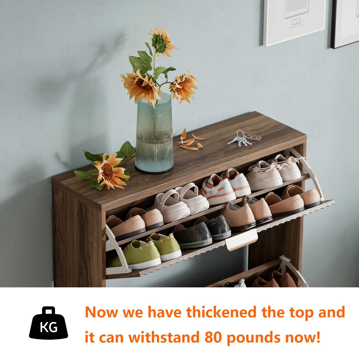 Shoe Cabinet Storage,Modern Freestanding Organizer with 2 Flip Drawers,Narrow Shoe Rack Cabinet for Entryway,Walnut