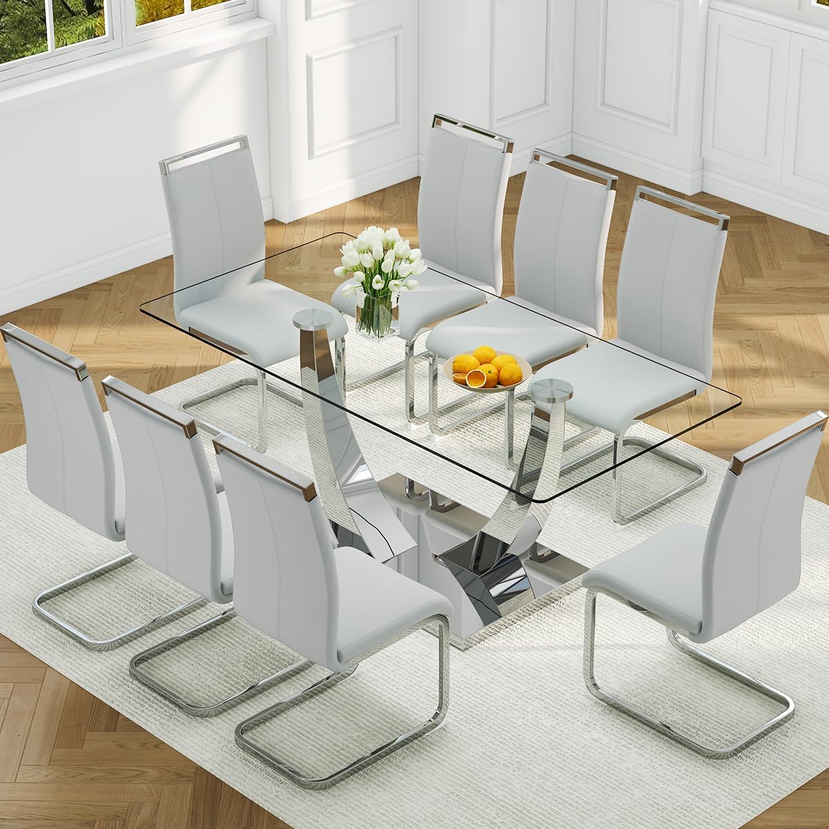 Faux Marble Dining Table Set for 6,71” Modern Dining Room Table Set for 6,Luxury Gold Kitchen Table and 6 White PU Leather Chairs, Rectangular Tempered Glass Table Set with Glossy Marble Top