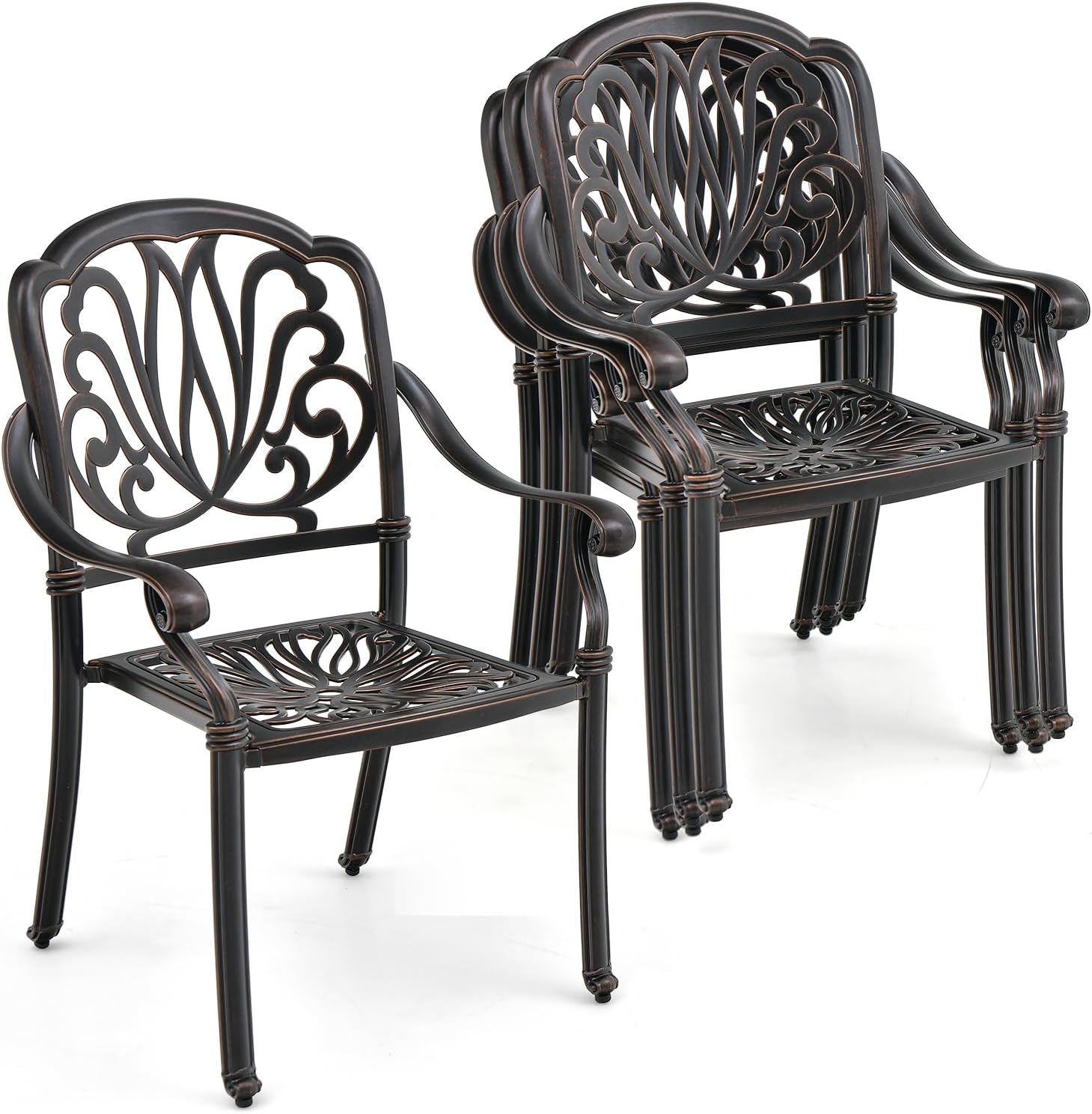 Tangkula Set of 4 Cast Aluminum Patio Dining Chairs, Stackable Outdoor Dining Chairs with Armrests, Outdoor Bistro Chairs for Balcony, Backyard, Garden, Bronze