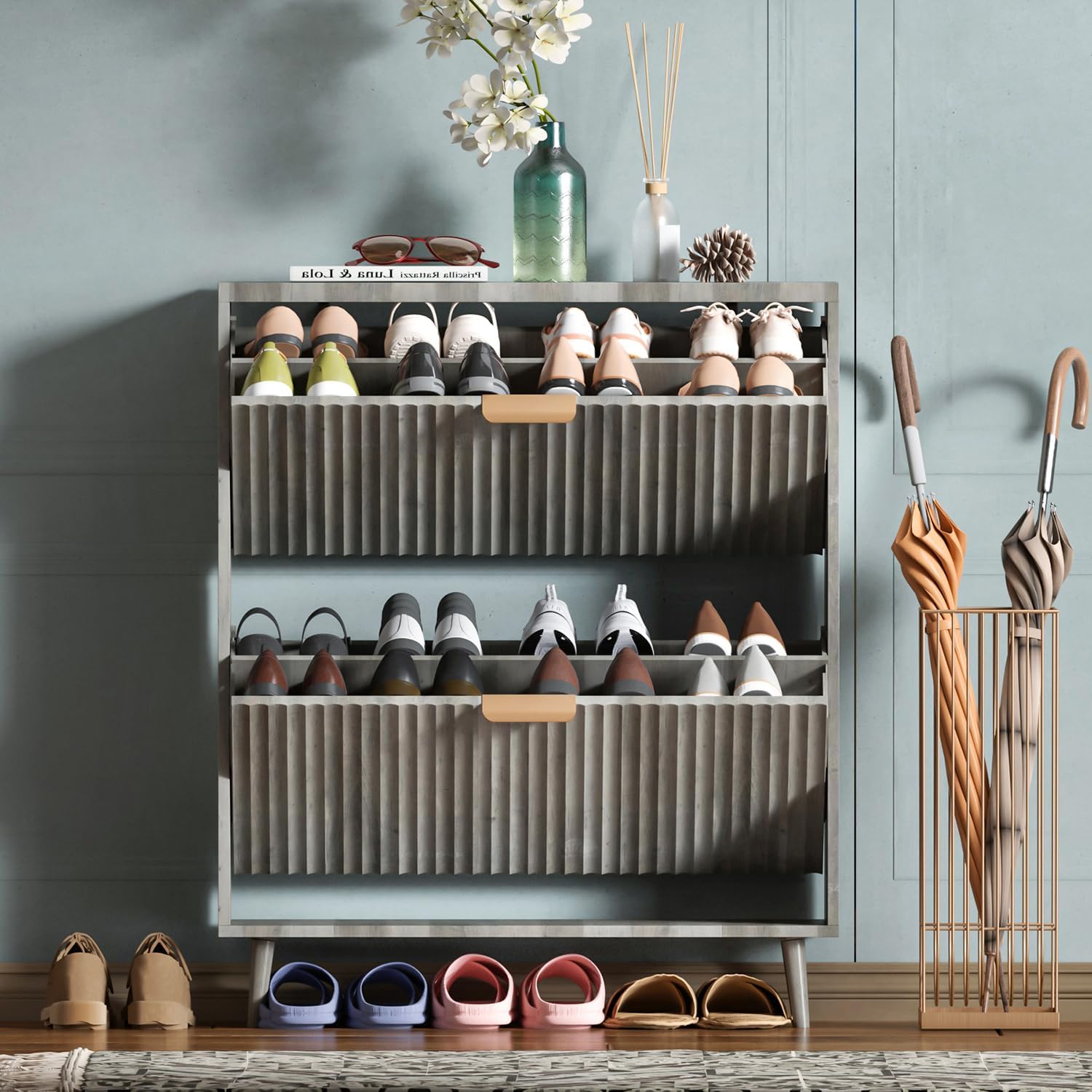 Shoe Cabinet Storage,Modern Freestanding Organizer with 2 Flip Drawers,Narrow Shoe Rack Cabinet for Entryway,Walnut