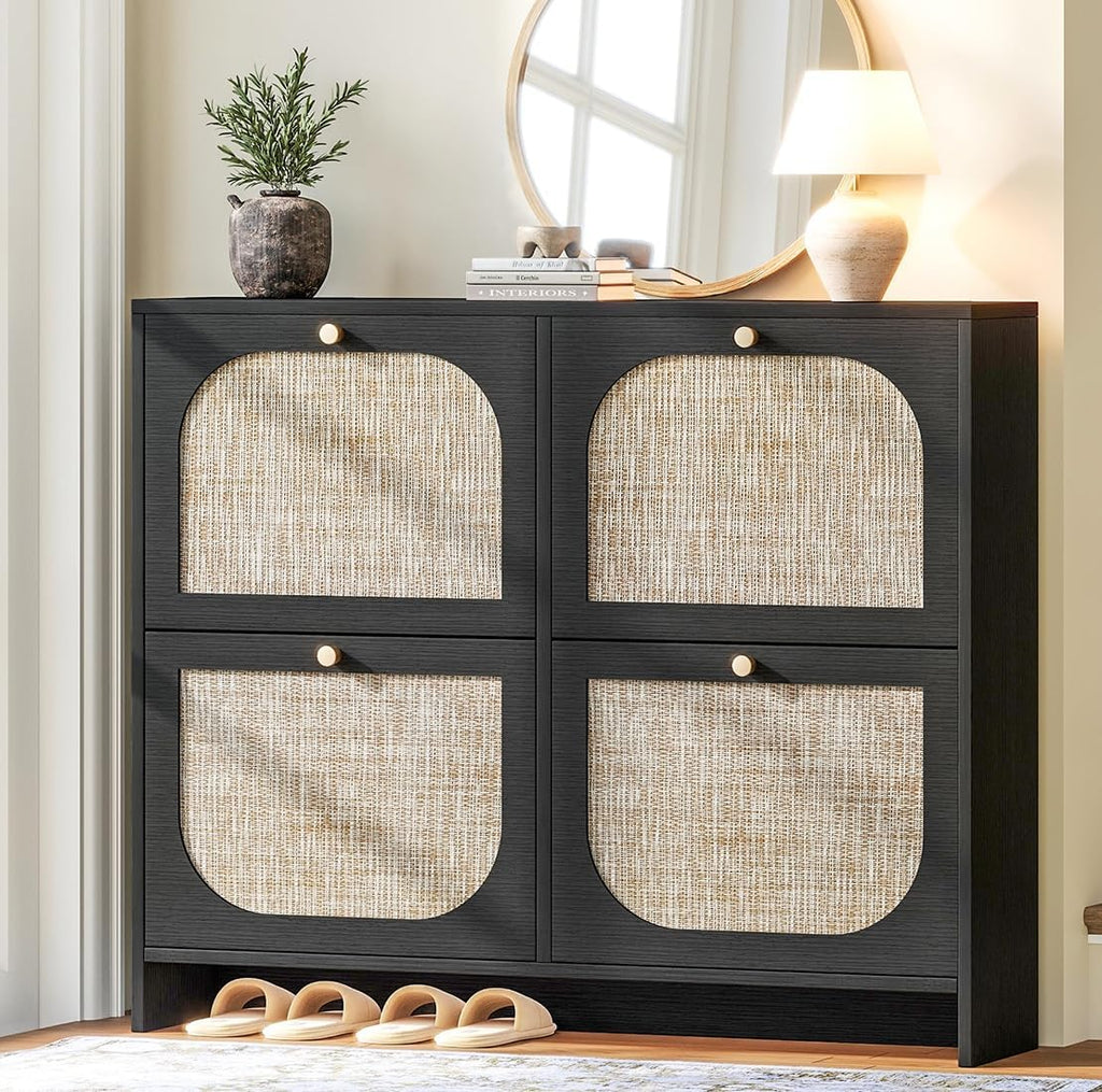 Nicetree Freestanding Ultra Slim Arched Rattan Accent Shoe Storage Cabinet for Entryway - 4 Flip Drawers & 3-Tier Adjustable Shelves, Farmhouse Modern Rustic Shoe Rack for Hallway, Foyer