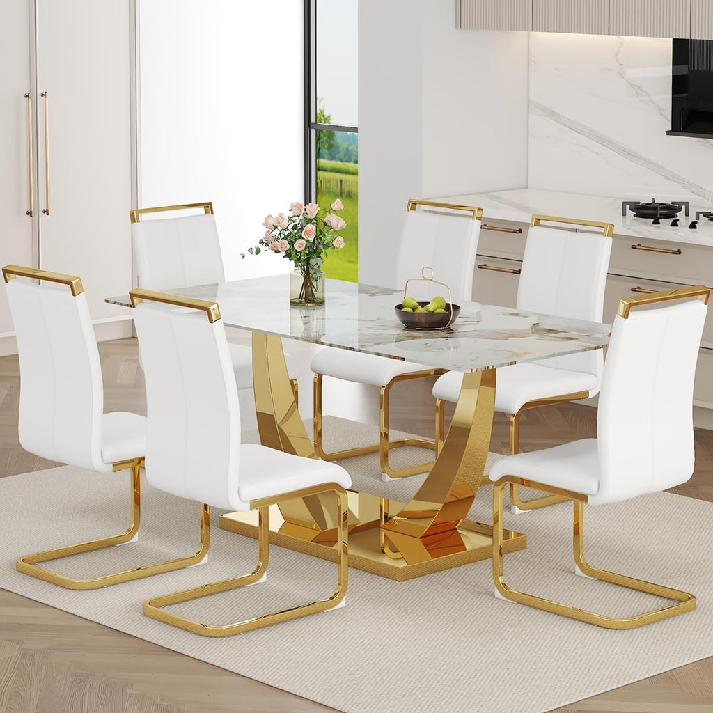 Faux Marble Dining Table Set for 6,71” Modern Dining Room Table Set for 6,Luxury Gold Kitchen Table and 6 White PU Leather Chairs, Rectangular Tempered Glass Table Set with Glossy Marble Top