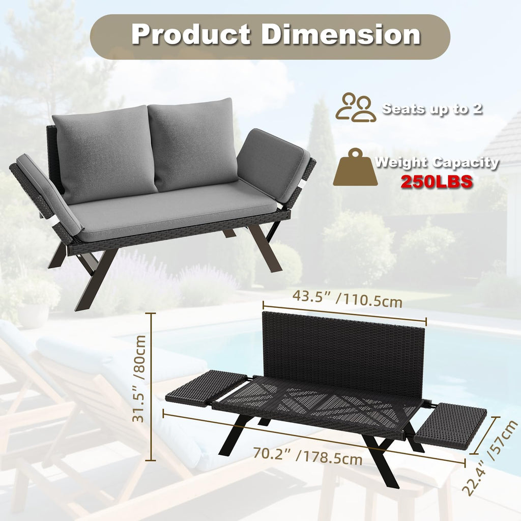 TAVATA Outdoor Convertible Sofa, PE Woven Rattan Patio Loveseat with Adjustable Armrests & Removable Cushions, Outdoor Daybed or Balcony Couch with 2 Pillows for Patio, Porch, Poolside (Grey)