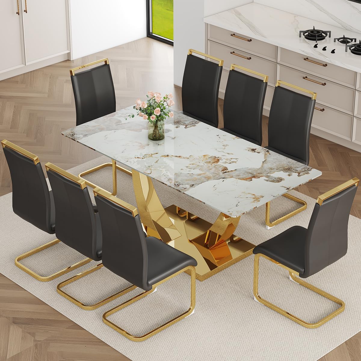 Faux Marble Dining Table Set for 6,71” Modern Dining Room Table Set for 6,Luxury Gold Kitchen Table and 6 White PU Leather Chairs, Rectangular Tempered Glass Table Set with Glossy Marble Top