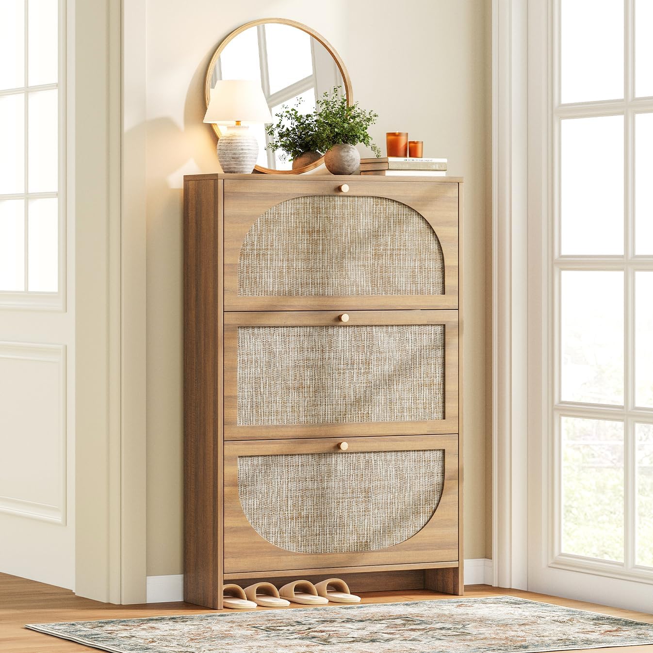 Nicetree Freestanding Ultra Slim Arched Rattan Accent Shoe Storage Cabinet for Entryway - 4 Flip Drawers & 3-Tier Adjustable Shelves, Farmhouse Modern Rustic Shoe Rack for Hallway, Foyer