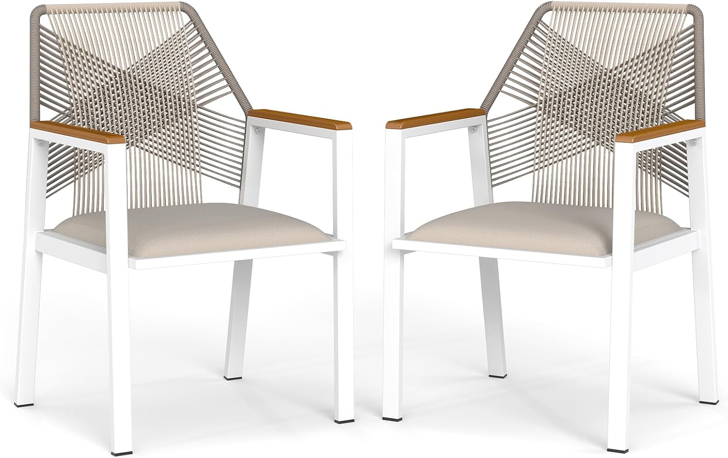 Aluminum Outdoor Patio Dining Chairs - Imitation Rope Vine Chair Ergonomic Backrest Design Detachable Seat Cushion Soft and Breathable Garden Porch, Light Brown Set of 2