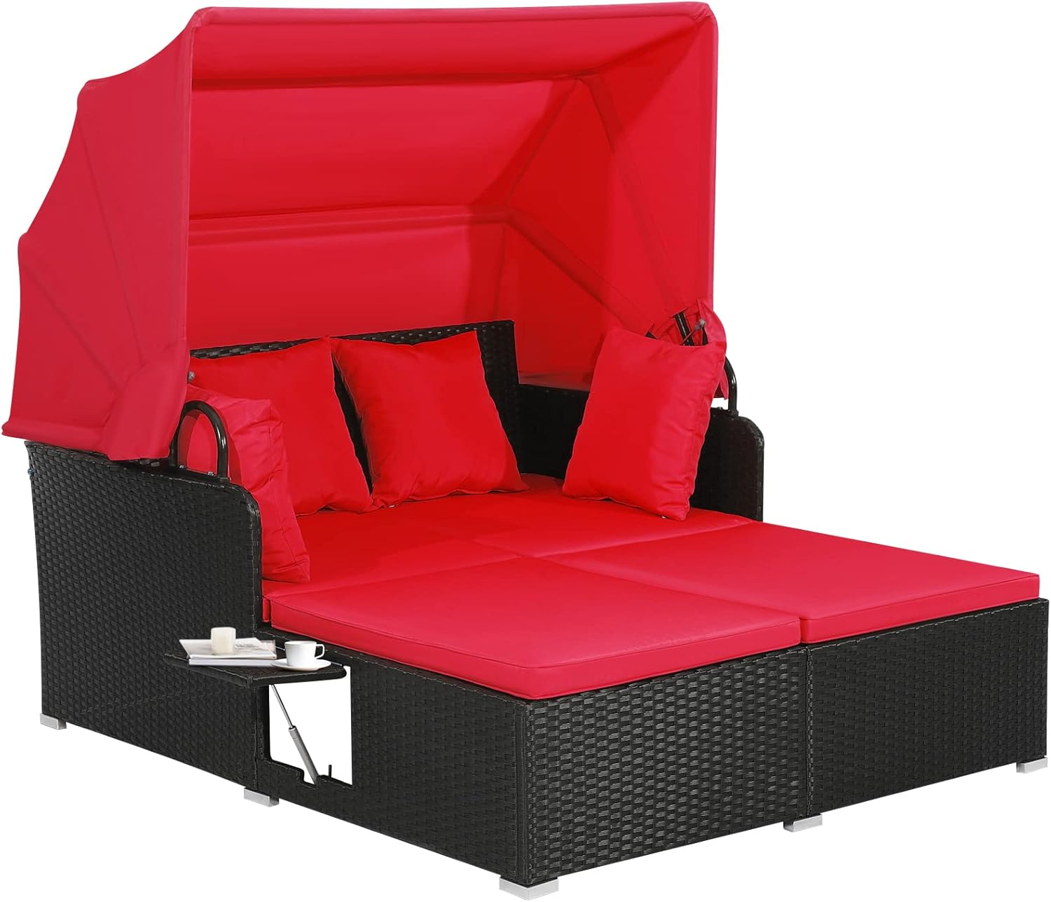 Tangkula Outdoor Rattan Daybed, Wicker Furniture with Spacious Seat, Upholstered Cushion & High-Resilience Sponge, Patio Sofa Set with 4 Pillows, 2-Person Sunbed for Poolside Backyard Garden & Balcony