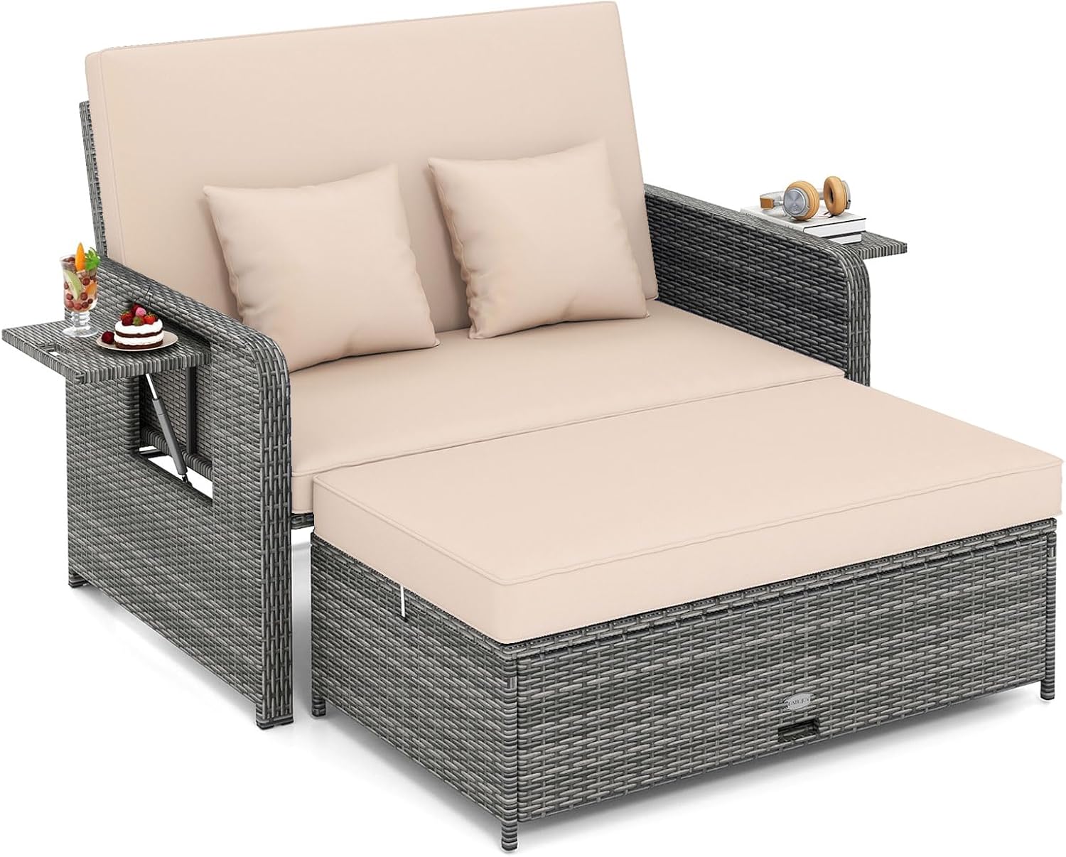 Tangkula Patio Rattan Daybed with 4-Level Adjustable Backrest, Outdoor PE Wicker Loveseat with Storage Ottoman & Folding Side Tray, Double Sunbed Lounger for Balcony, Backyard & Poolside, Turquoise