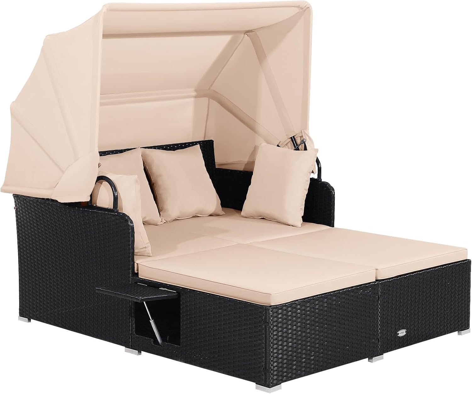 Tangkula Patio Rattan Daybed, Patiojoy Wicker Daybed Lounger w/Retractable Canopy, 2 Foldable Side Panels, Thick Seat & Back Cushions, for Garden, Backyard, Porch (Off White)