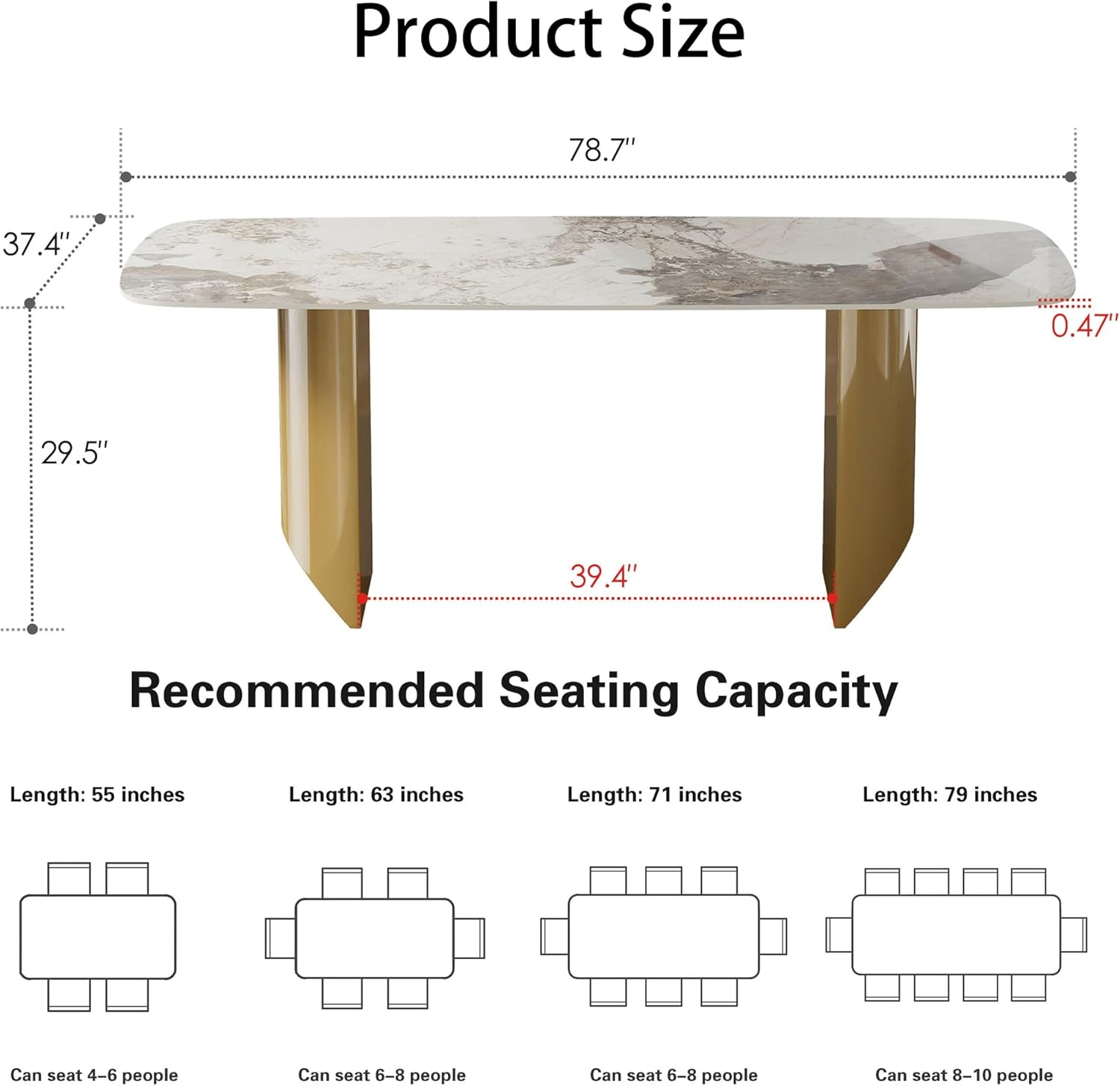 Rectangular Dining Table for 8-10 People, 79 inch Luxury Kitchen Table with Sintered Stone Tabletop and Gold Metal Base, Modern Dining Room Table for Kitchen Living Room (Table Only)
