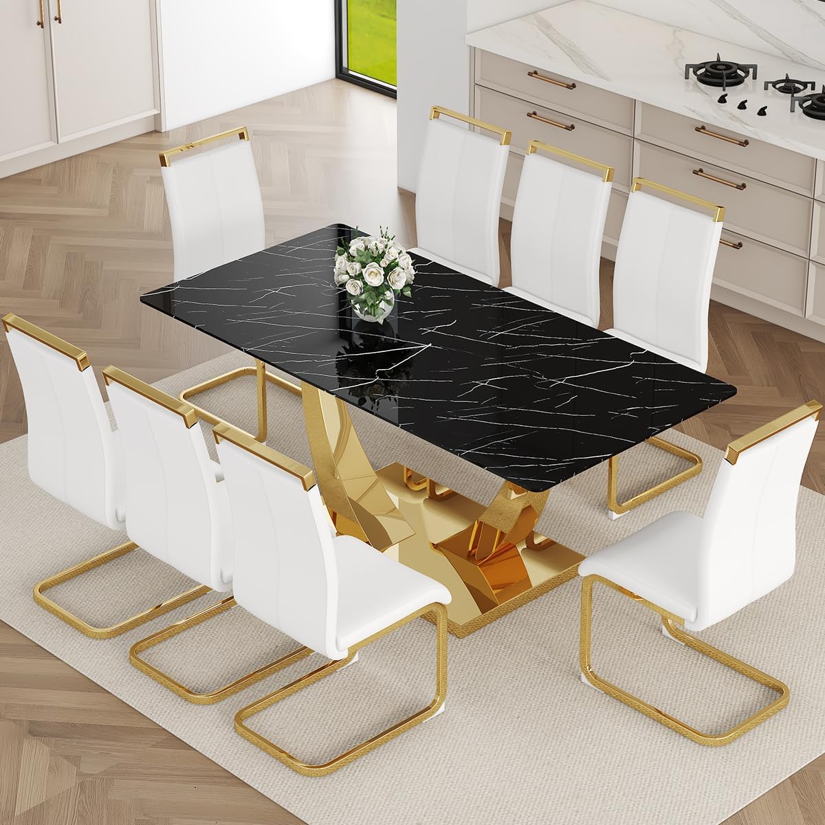 Faux Marble Dining Table Set for 6,71” Modern Dining Room Table Set for 6,Luxury Gold Kitchen Table and 6 White PU Leather Chairs, Rectangular Tempered Glass Table Set with Glossy Marble Top