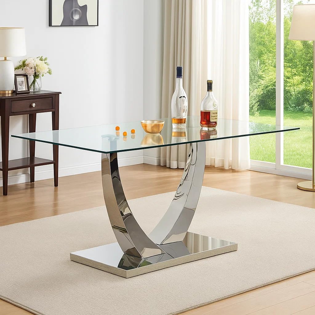 71”Faux Marble Dining Table, Dining Room Table for 6-8, Gold Kitchen Table,0.4 Thickened Marble Pattern Tempered Glass Top with Golden Rectangular Base