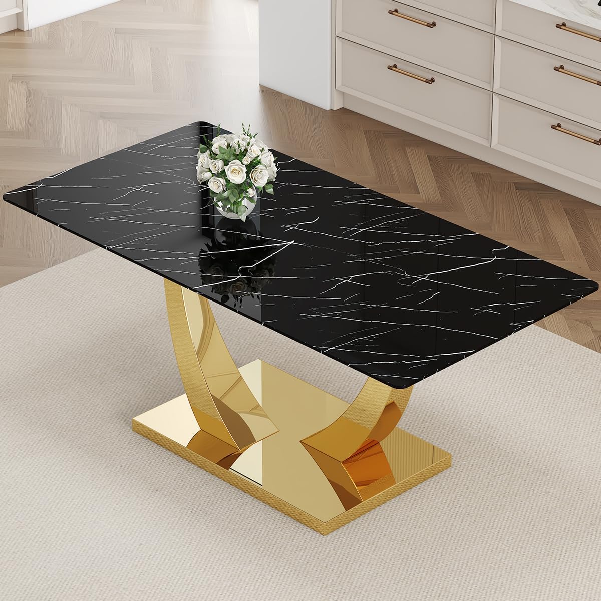 71”Faux Marble Dining Table, Dining Room Table for 6-8, Gold Kitchen Table,0.4 Thickened Marble Pattern Tempered Glass Top with Golden Rectangular Base