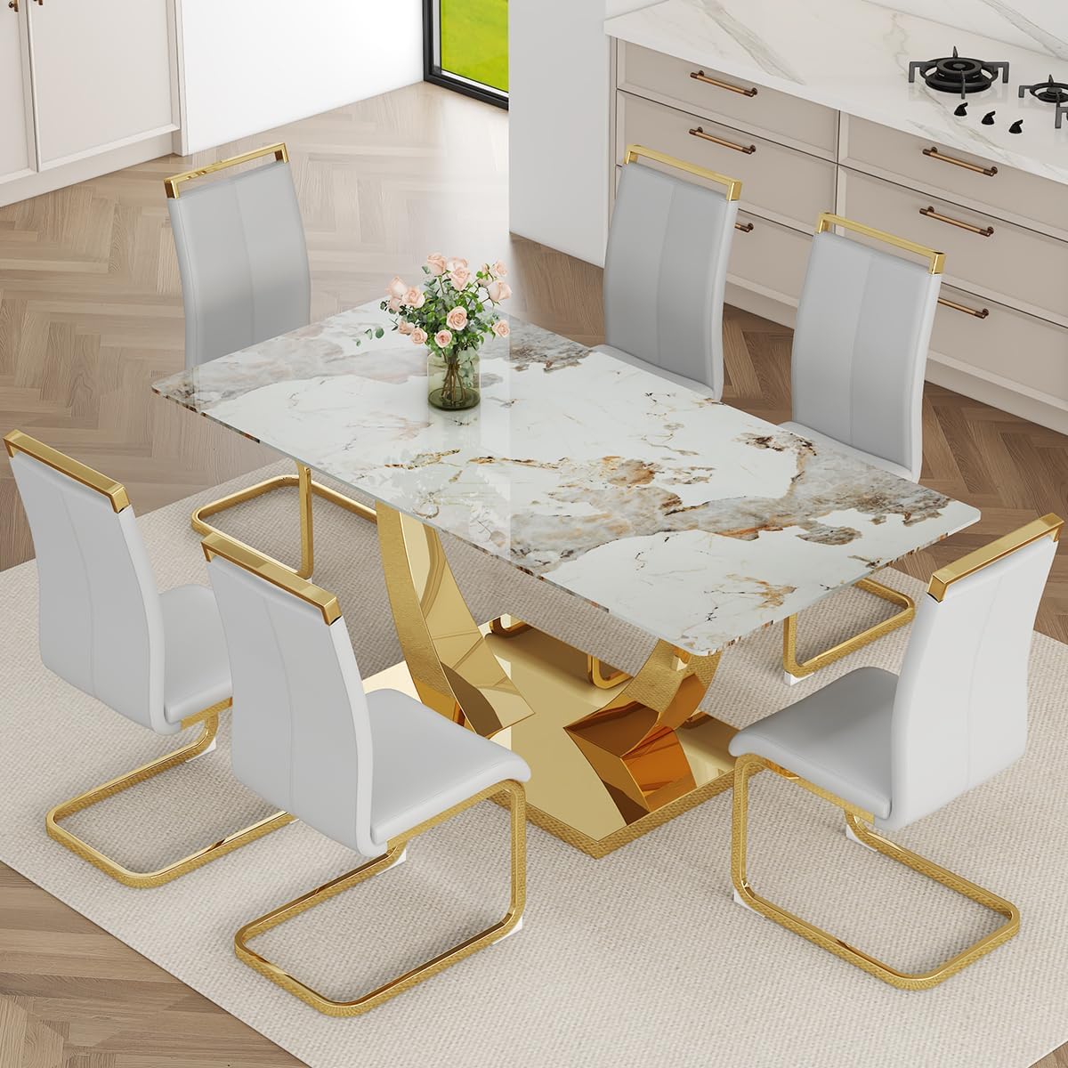 Faux Marble Dining Table Set for 6,71” Modern Dining Room Table Set for 6,Luxury Gold Kitchen Table and 6 White PU Leather Chairs, Rectangular Tempered Glass Table Set with Glossy Marble Top
