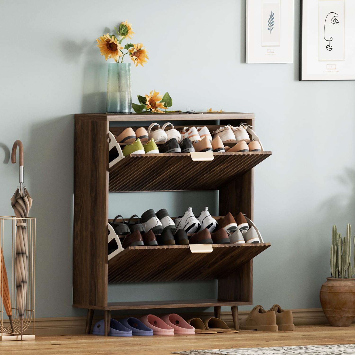 Shoe Cabinet Storage,Modern Freestanding Organizer with 2 Flip Drawers,Narrow Shoe Rack Cabinet for Entryway,Walnut