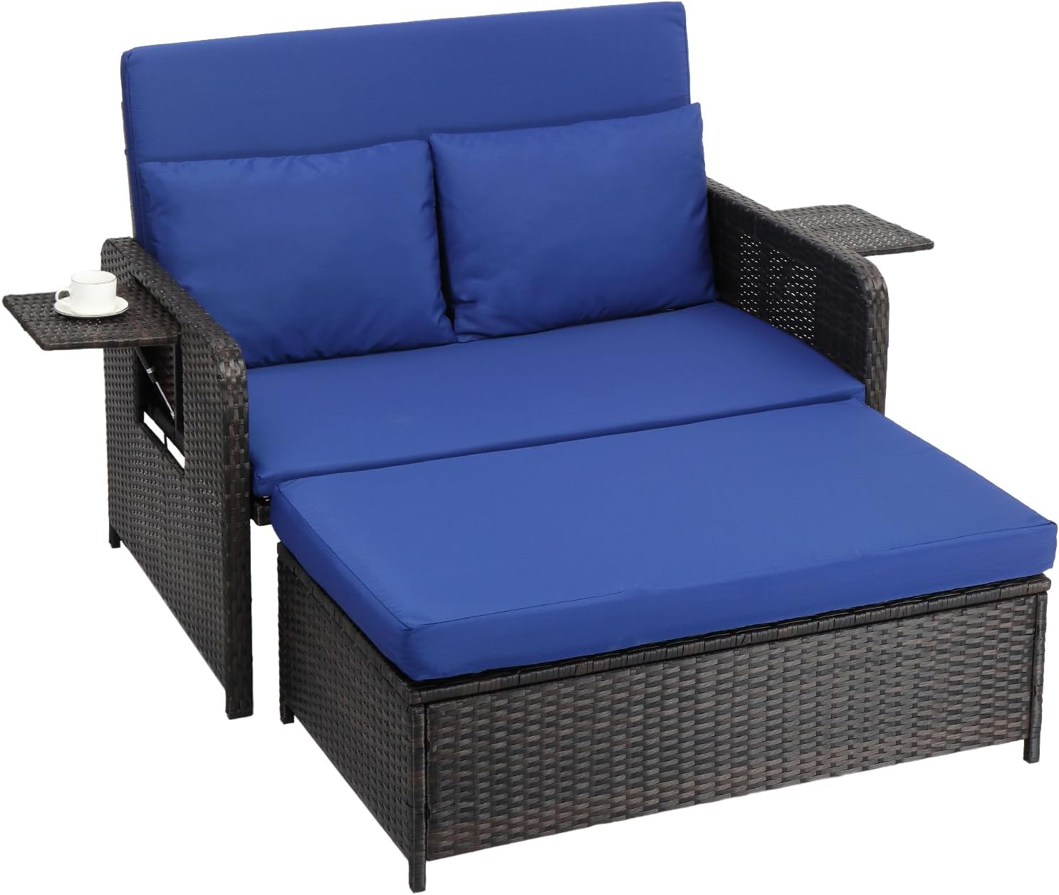 VINGLI Patio Daybed, Wicker Outdoor Daybed with Storage Ottoman & 5-Level Adjustable Backrest, All-Weather Rattan Cushioned Patio Loveseat Sofa for Garden Balcony Backyard (Beige, Gray)