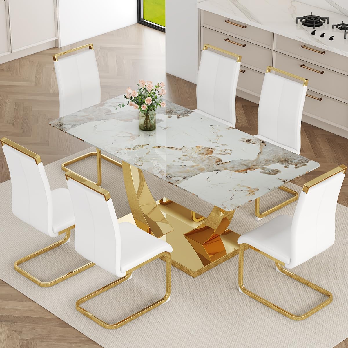 Faux Marble Dining Table Set for 6,71” Modern Dining Room Table Set for 6,Luxury Gold Kitchen Table and 6 White PU Leather Chairs, Rectangular Tempered Glass Table Set with Glossy Marble Top