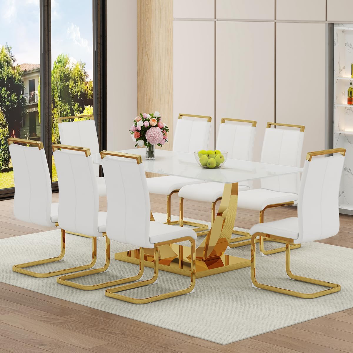 Faux Marble Dining Table Set for 6,71” Modern Dining Room Table Set for 6,Luxury Gold Kitchen Table and 6 White PU Leather Chairs, Rectangular Tempered Glass Table Set with Glossy Marble Top