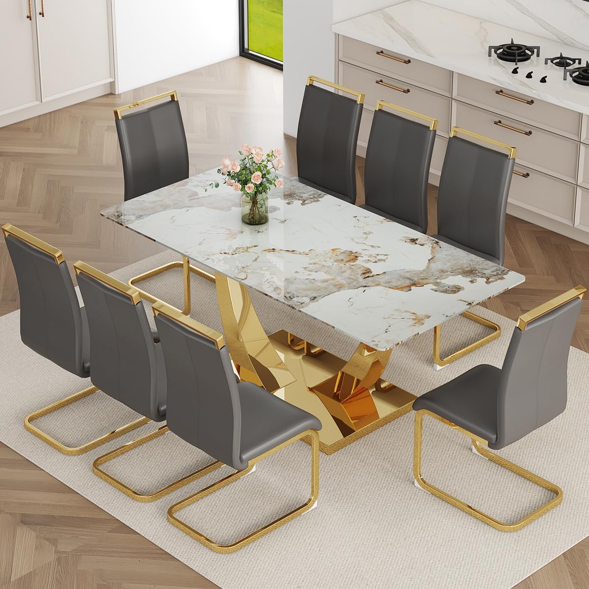 Faux Marble Dining Table Set for 6,71” Modern Dining Room Table Set for 6,Luxury Gold Kitchen Table and 6 White PU Leather Chairs, Rectangular Tempered Glass Table Set with Glossy Marble Top