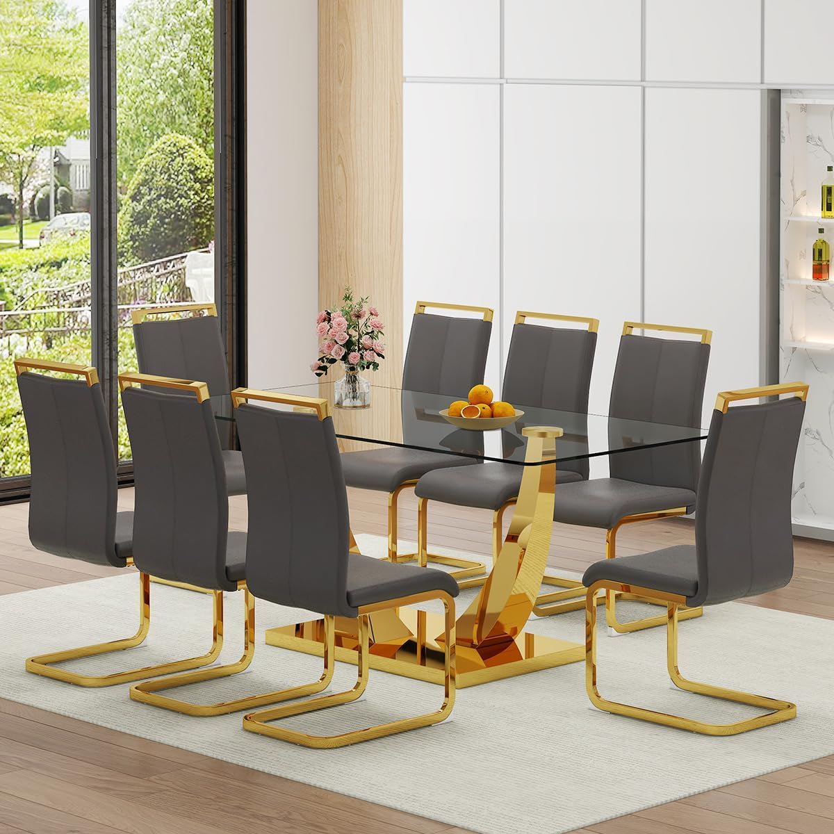 Faux Marble Dining Table Set for 6,71” Modern Dining Room Table Set for 6,Luxury Gold Kitchen Table and 6 White PU Leather Chairs, Rectangular Tempered Glass Table Set with Glossy Marble Top