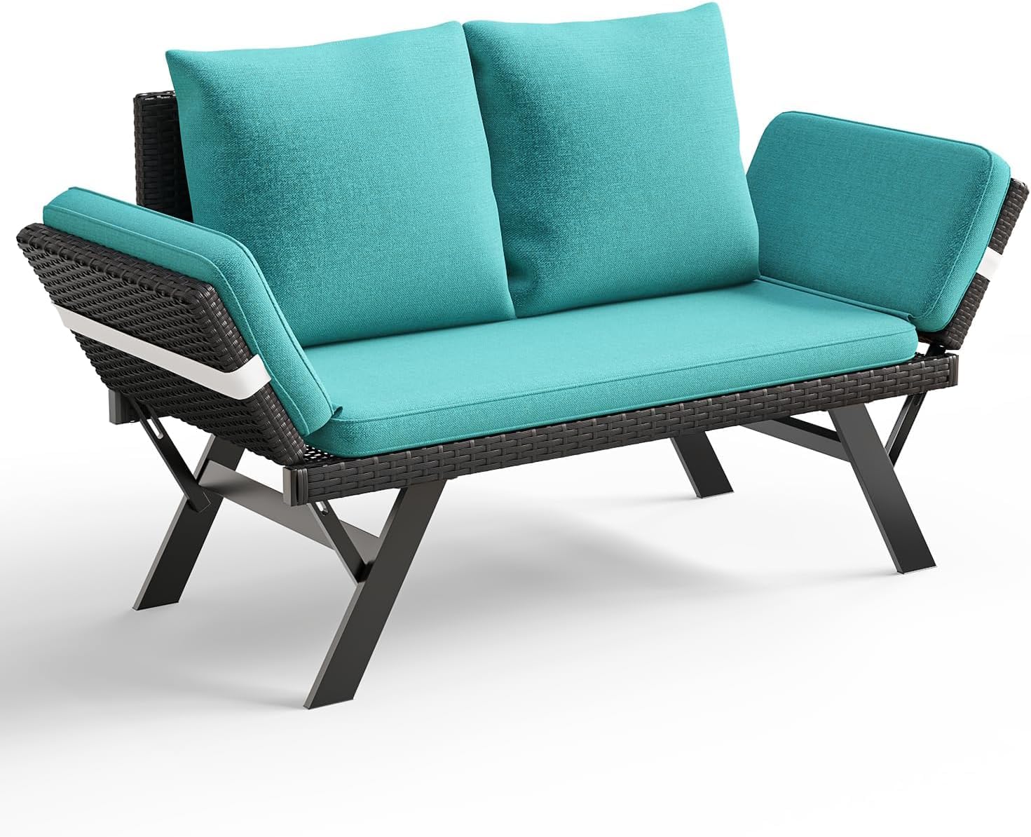 TAVATA Outdoor Convertible Sofa, PE Woven Rattan Patio Loveseat with Adjustable Armrests & Removable Cushions, Outdoor Daybed or Balcony Couch with 2 Pillows for Patio, Porch, Poolside (Grey)