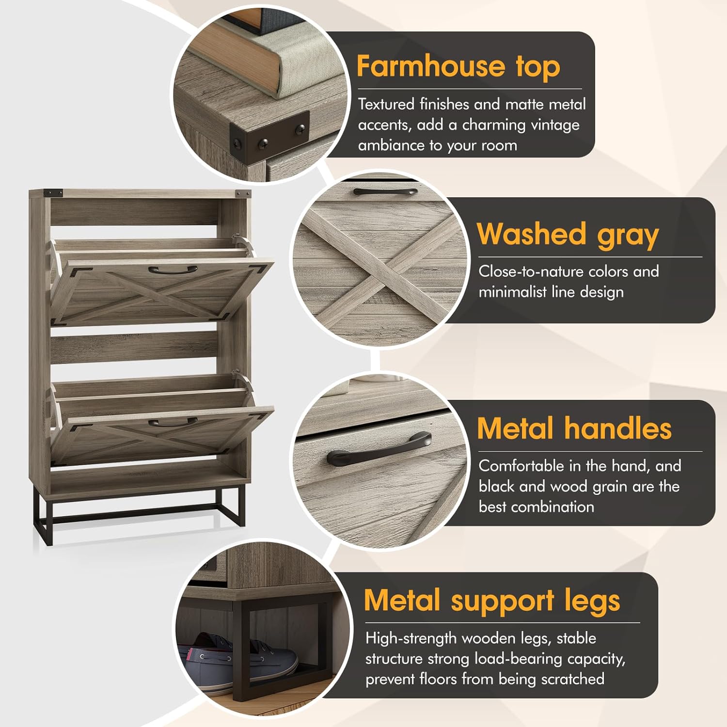 Maupvit 24" W Farmhouse Shoe Cabinet Storage for Entryway, Freestanding Organizer with 2 Flip Drawers, Narrow Shoe Rack Cabinet with Metal Corner Decoration, Washed Gray