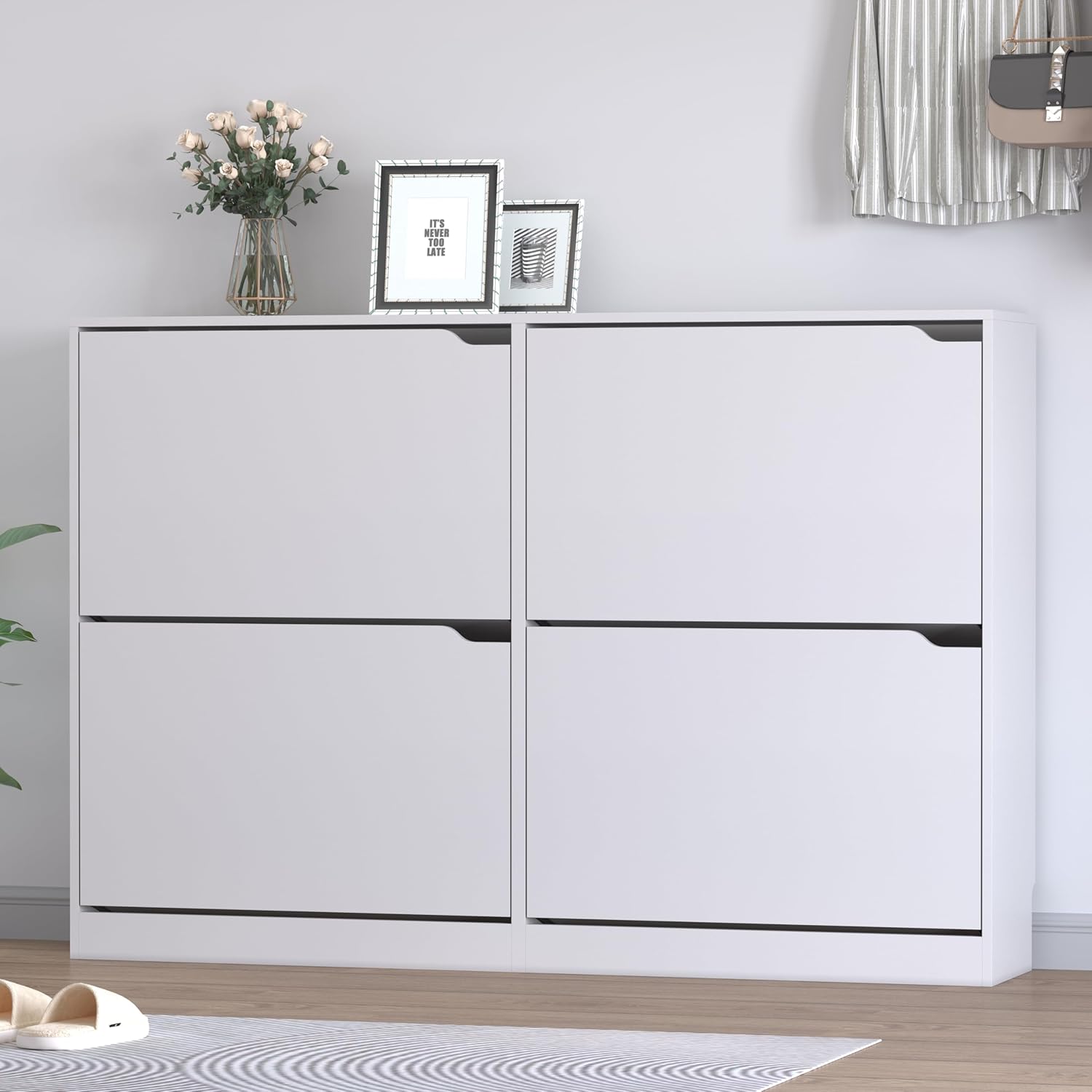 Shoe Cabinet with 4 Flip Drawers, Narrow Hidden Shoe Storage Cabinet, Slim Freestanding Shoe Rack Organizer for Entryway, Hallway, Bedroom, Living Room