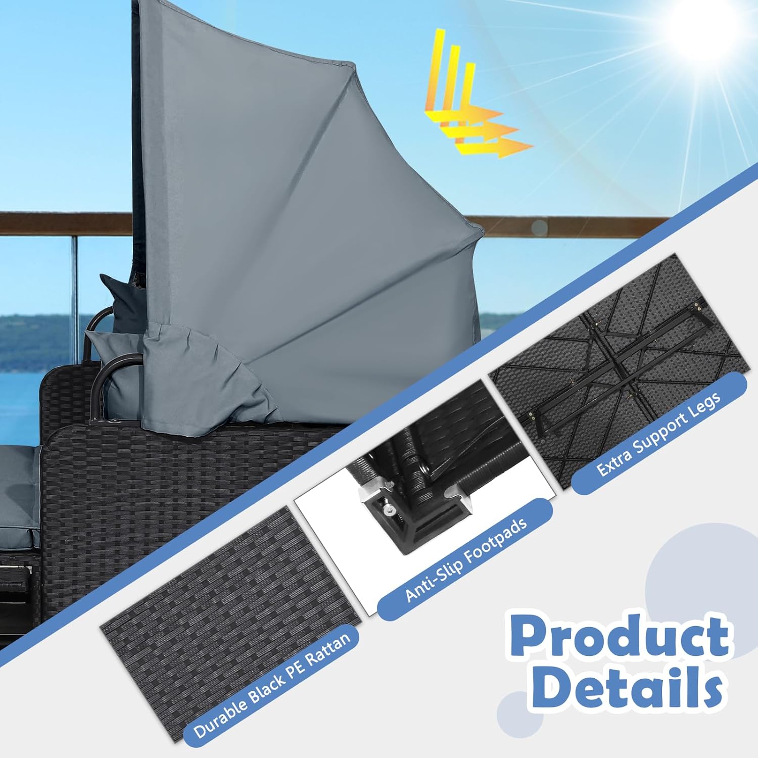 Salches Outdoor Rattan Daybed with Retractable Canopy, High-Resilient Soft Cushions, Foldable Side Trays, Outdoor Bed Loveseat for Garden, Backyard, Porch (Gray)