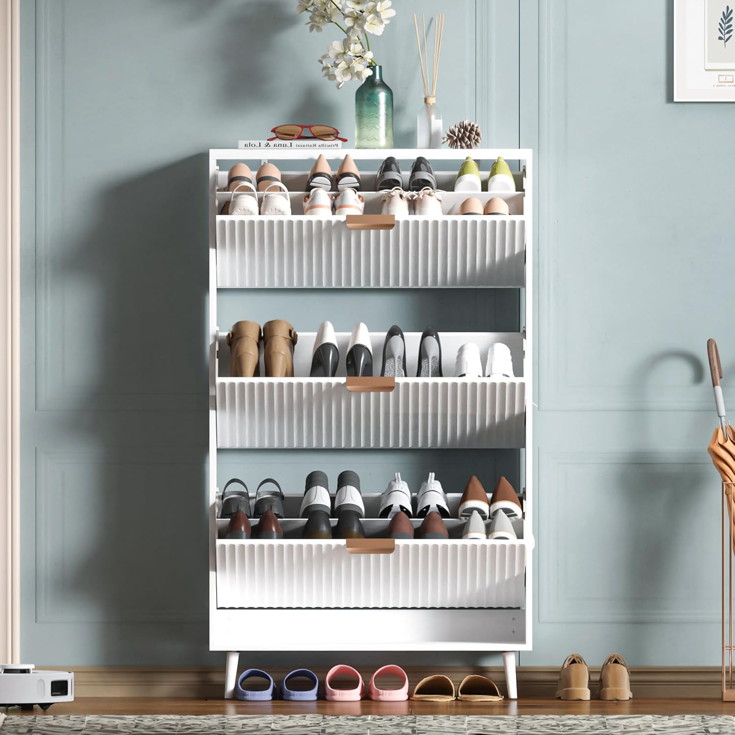 Shoe Cabinet Storage,Modern Freestanding Organizer with 2 Flip Drawers,Narrow Shoe Rack Cabinet for Entryway,Walnut