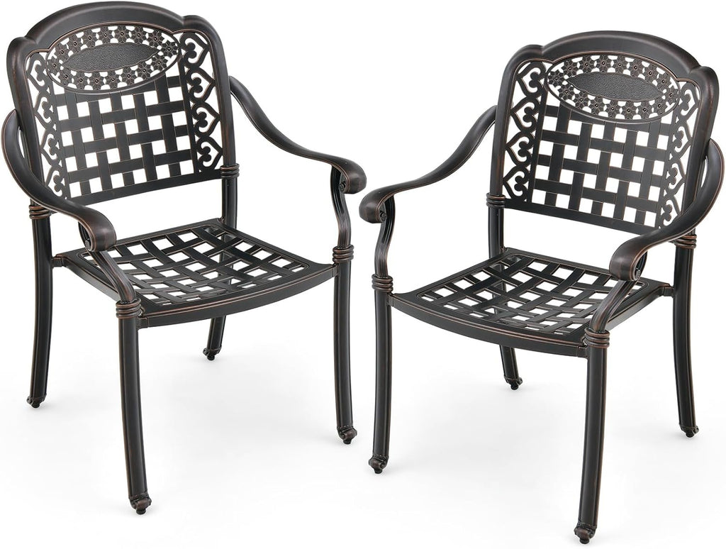 Tangkula Set of 2 Cast Aluminum Patio Dining Chairs, Stackable Outdoor Dining Chairs with Armrests, Outdoor Bistro Chairs for Balcony, Backyard, Garden