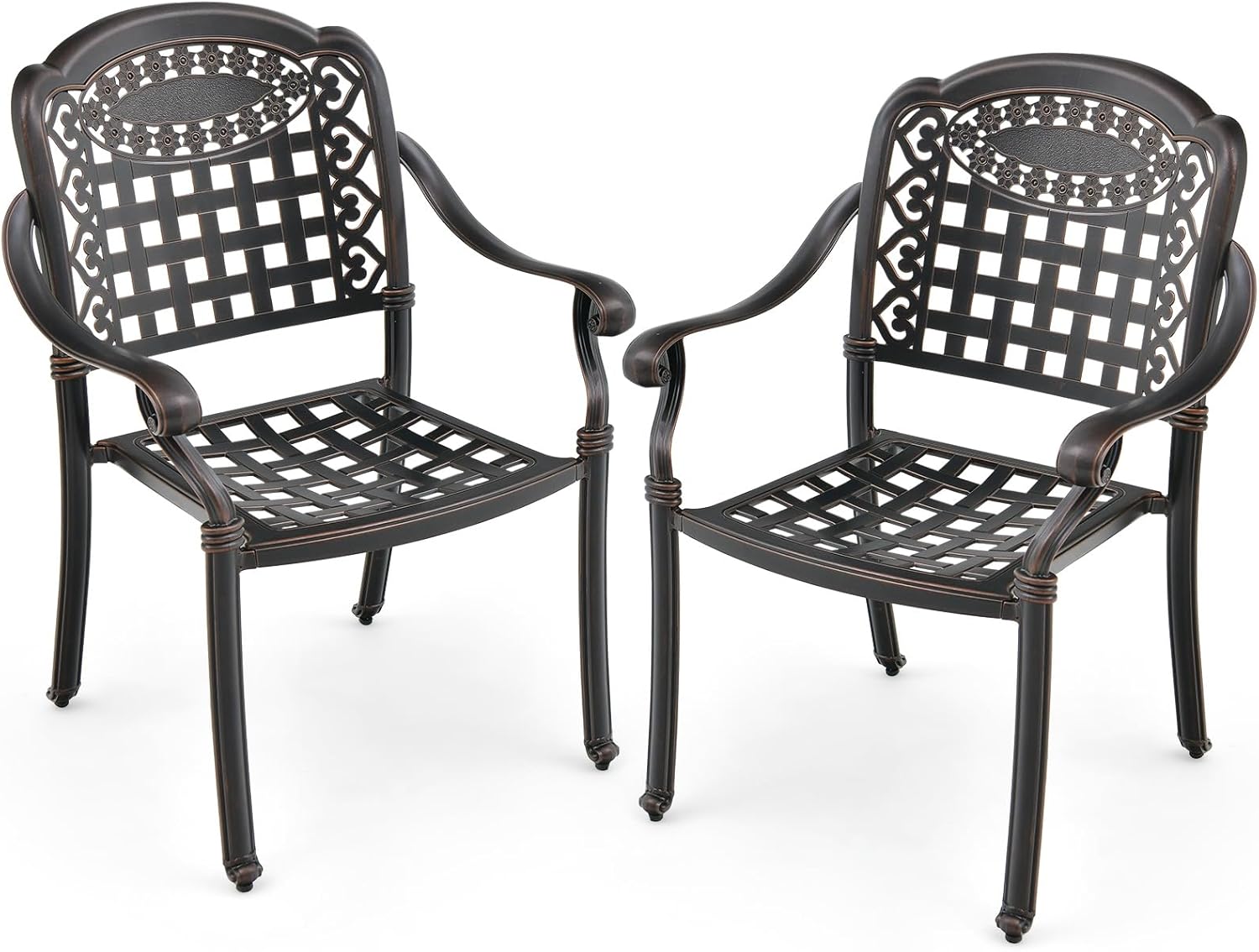 Tangkula Set of 2 Cast Aluminum Patio Dining Chairs, Stackable Outdoor Dining Chairs with Armrests, Outdoor Bistro Chairs for Balcony, Backyard, Garden