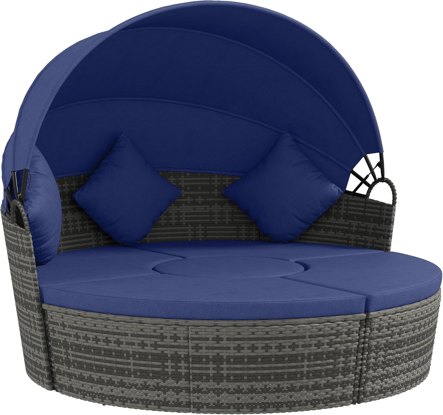 Outsunny 4 Piece Round Rattan Daybed, Convertible Patio Furniture Set, Adjustable Sun Canopy, Sectional Outdoor Sofa, 2 Chairs, Extending Tea Table Ottoman Chair, 3 Pillows, Gray