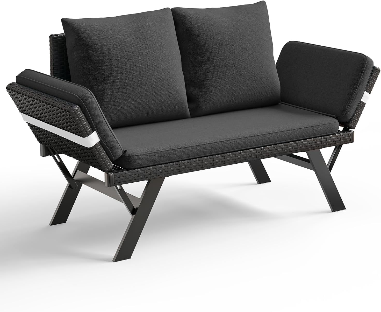 TAVATA Outdoor Convertible Sofa, PE Woven Rattan Patio Loveseat with Adjustable Armrests & Removable Cushions, Outdoor Daybed or Balcony Couch with 2 Pillows for Patio, Porch, Poolside (Grey)