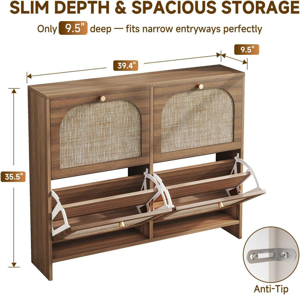 Nicetree Freestanding Ultra Slim Arched Rattan Accent Shoe Storage Cabinet for Entryway - 4 Flip Drawers & 3-Tier Adjustable Shelves, Farmhouse Modern Rustic Shoe Rack for Hallway, Foyer