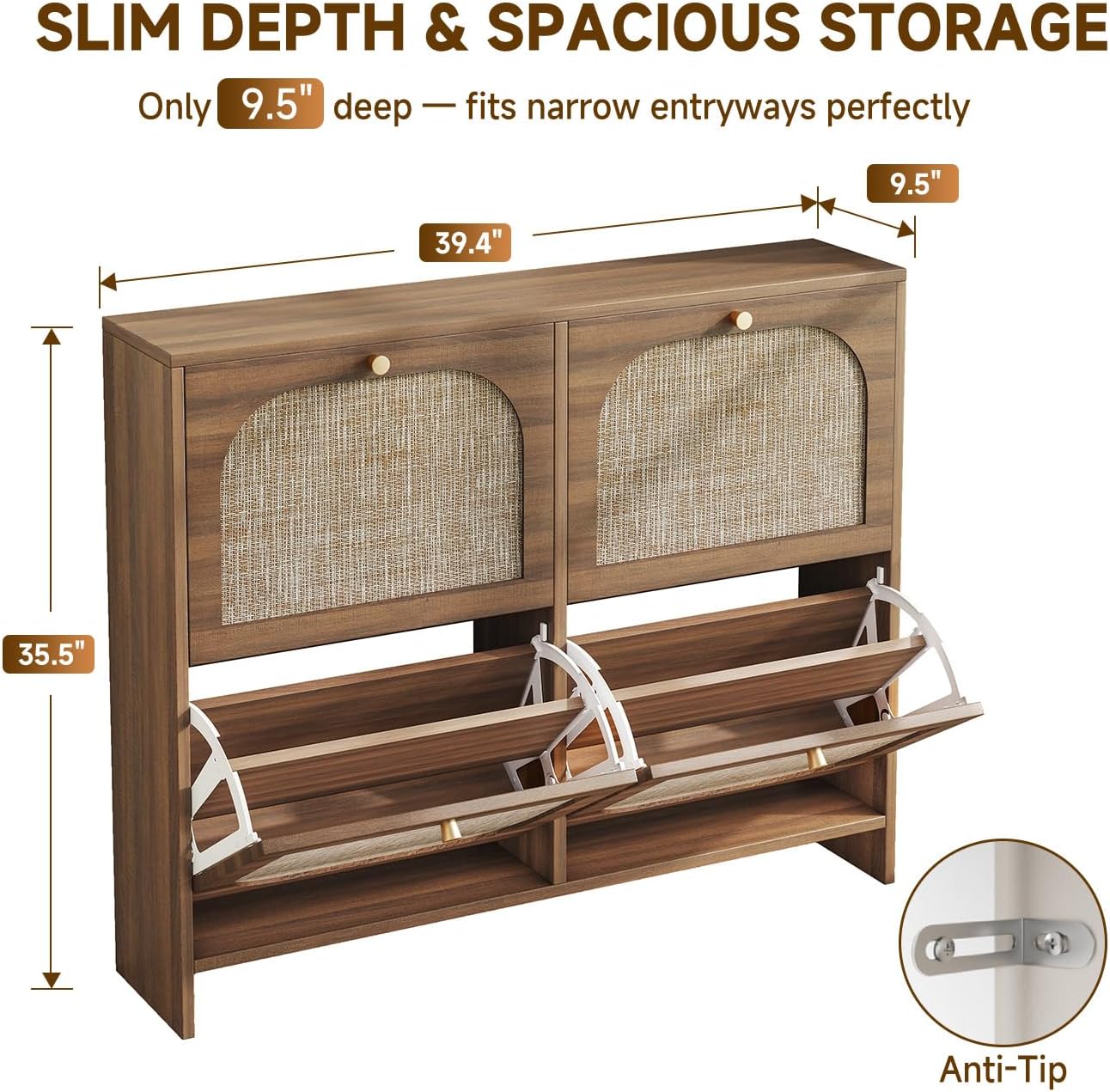 Nicetree Freestanding Ultra Slim Arched Rattan Accent Shoe Storage Cabinet for Entryway - 4 Flip Drawers & 3-Tier Adjustable Shelves, Farmhouse Modern Rustic Shoe Rack for Hallway, Foyer