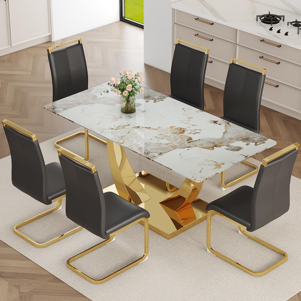 Faux Marble Dining Table Set for 6,71” Modern Dining Room Table Set for 6,Luxury Gold Kitchen Table and 6 White PU Leather Chairs, Rectangular Tempered Glass Table Set with Glossy Marble Top