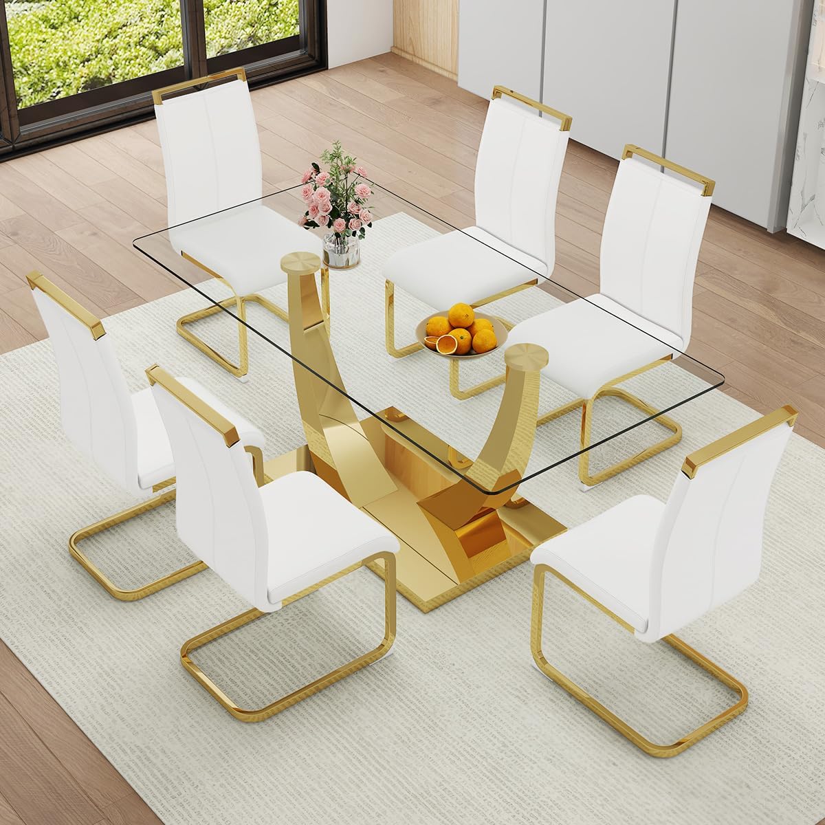 Faux Marble Dining Table Set for 6,71” Modern Dining Room Table Set for 6,Luxury Gold Kitchen Table and 6 White PU Leather Chairs, Rectangular Tempered Glass Table Set with Glossy Marble Top