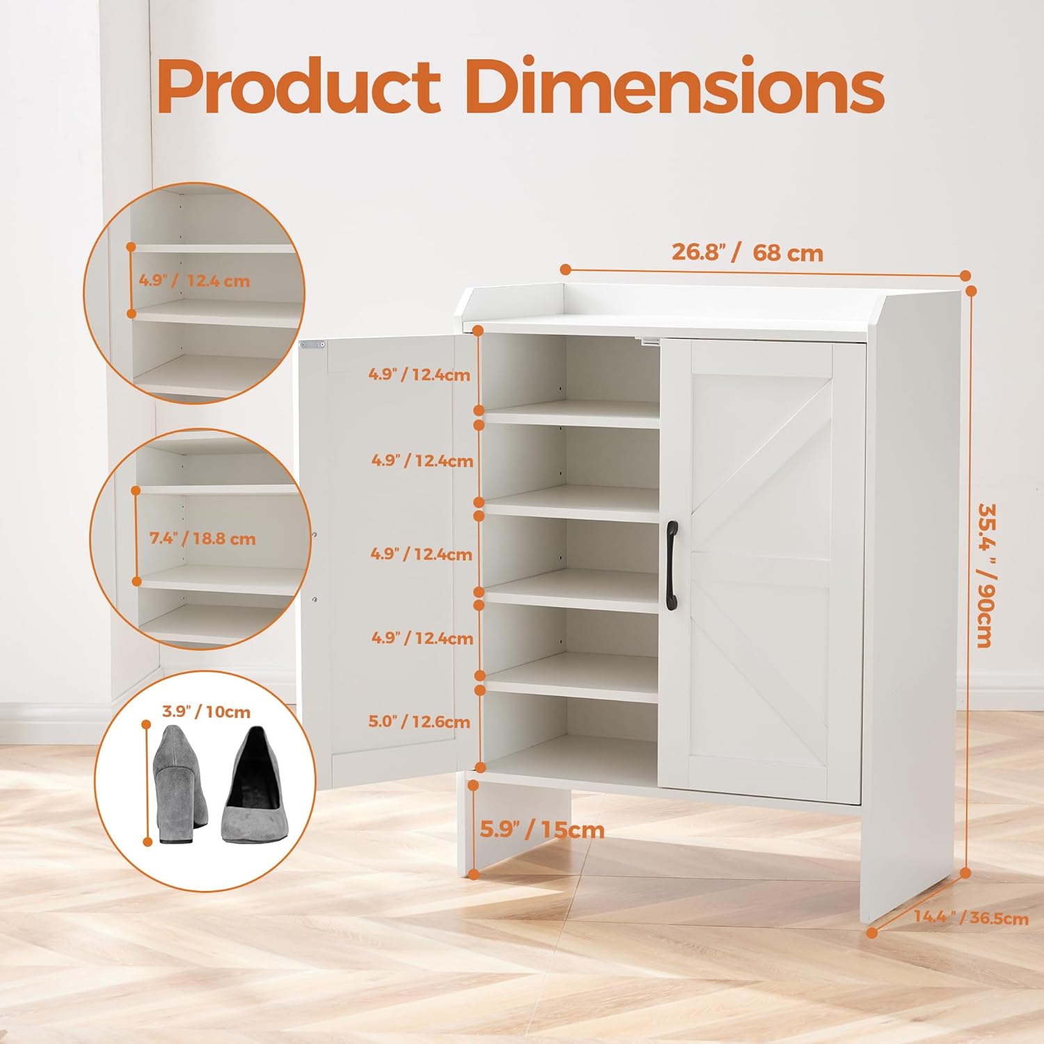 Mericonia Farmhouse Shoe Cabinet with Doors, Modern Large 5-Tier Shoe Storage Cabinet with Adjustable Shelves, Wooden Shoe Organizer for Entryway, Hallway, Closet, Bedroom, Living Room