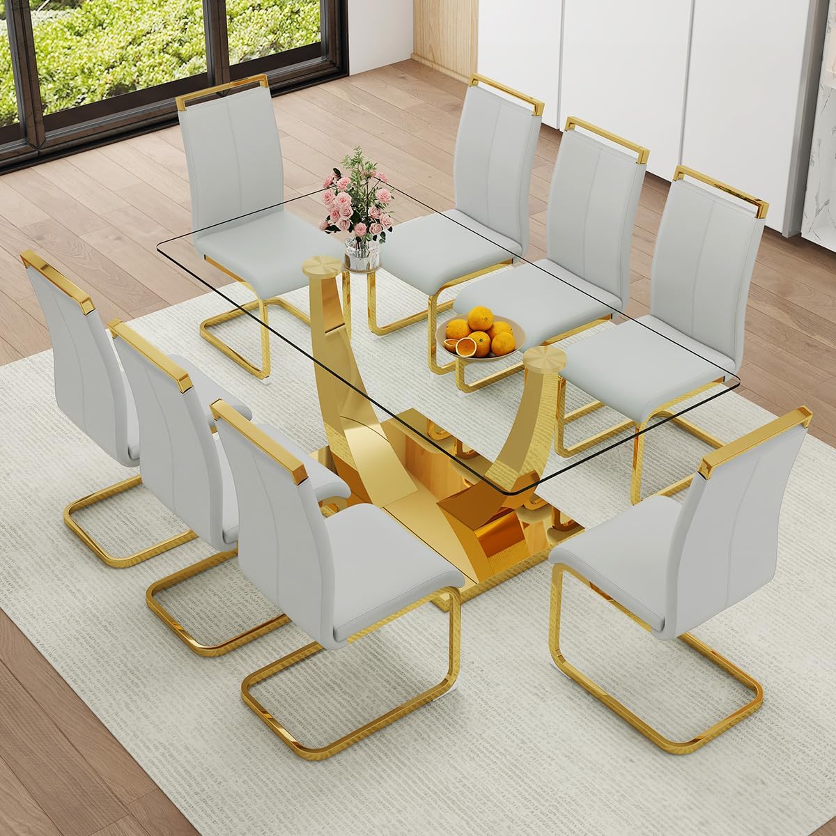 Faux Marble Dining Table Set for 6,71” Modern Dining Room Table Set for 6,Luxury Gold Kitchen Table and 6 White PU Leather Chairs, Rectangular Tempered Glass Table Set with Glossy Marble Top