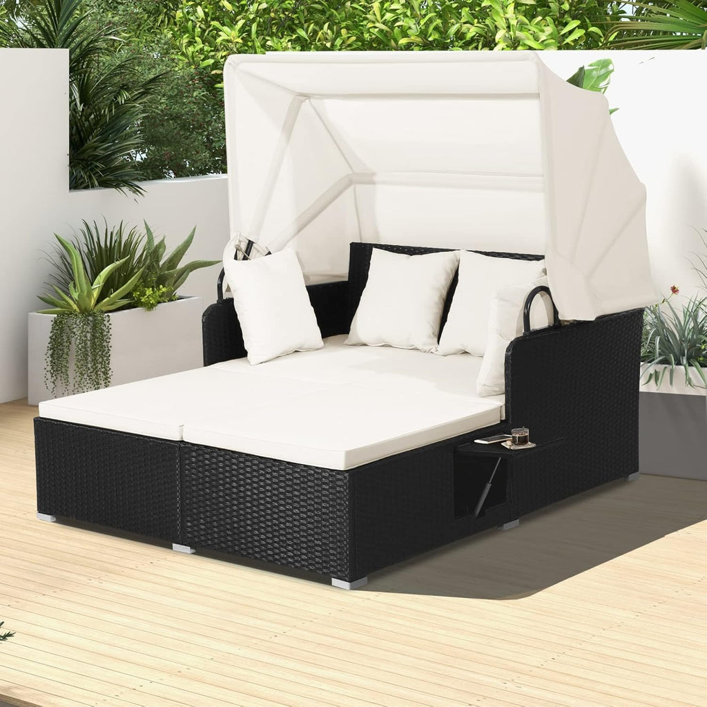 Tangkula Patio Rattan Daybed, Patiojoy Wicker Daybed Lounger w/Retractable Canopy, 2 Foldable Side Panels, Thick Seat & Back Cushions, for Garden, Backyard, Porch (Off White)